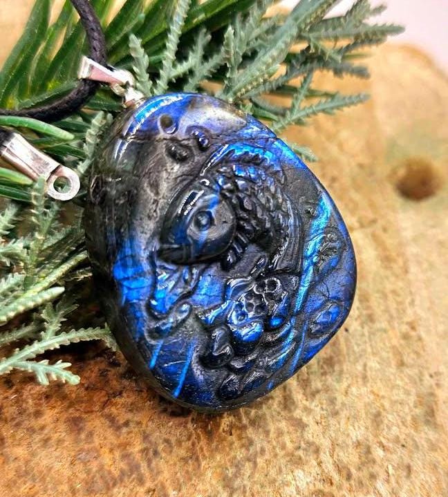 Nature Labradorite Carved Flashy Lotus & Carp Pendant Necklace