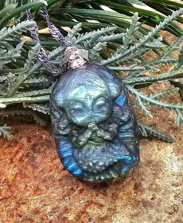Nature Labradorite Carved Flashy Praying Mermaid Pendant Necklace