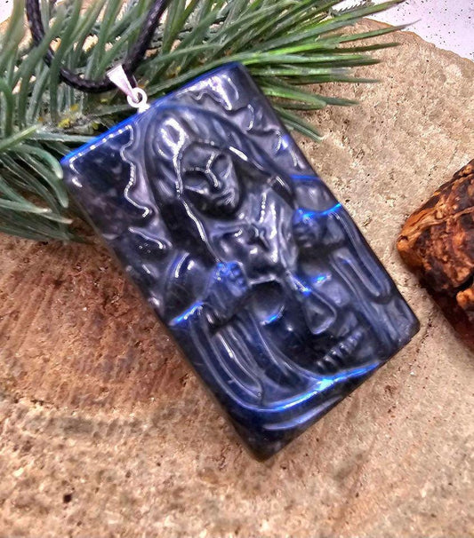Nature Labradorite Carved Flashy Hidden Evil Monk Pendant Necklace