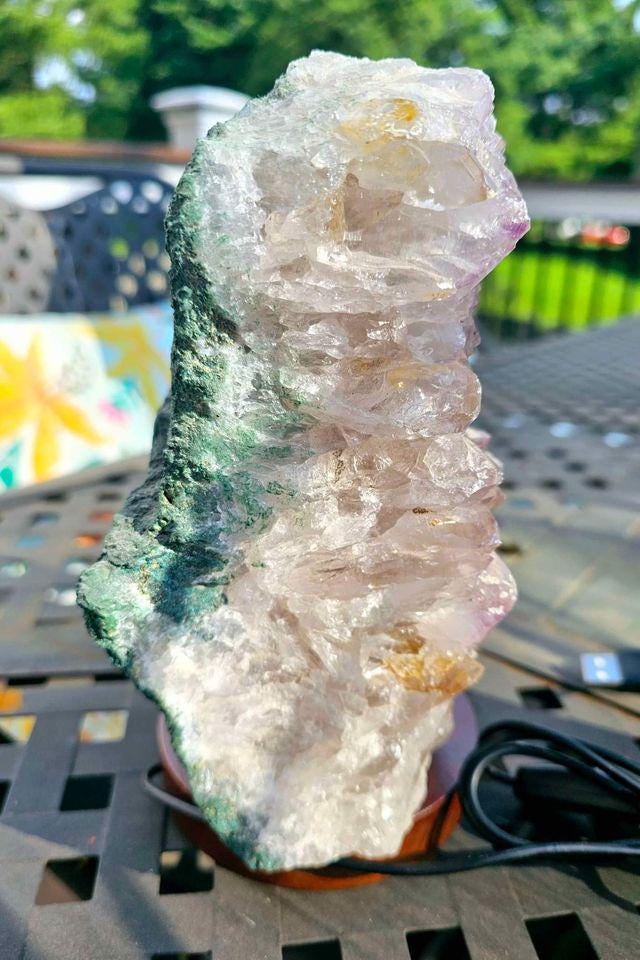Large Amethyst Geode Cluster Lamp With Wood Lamp Base