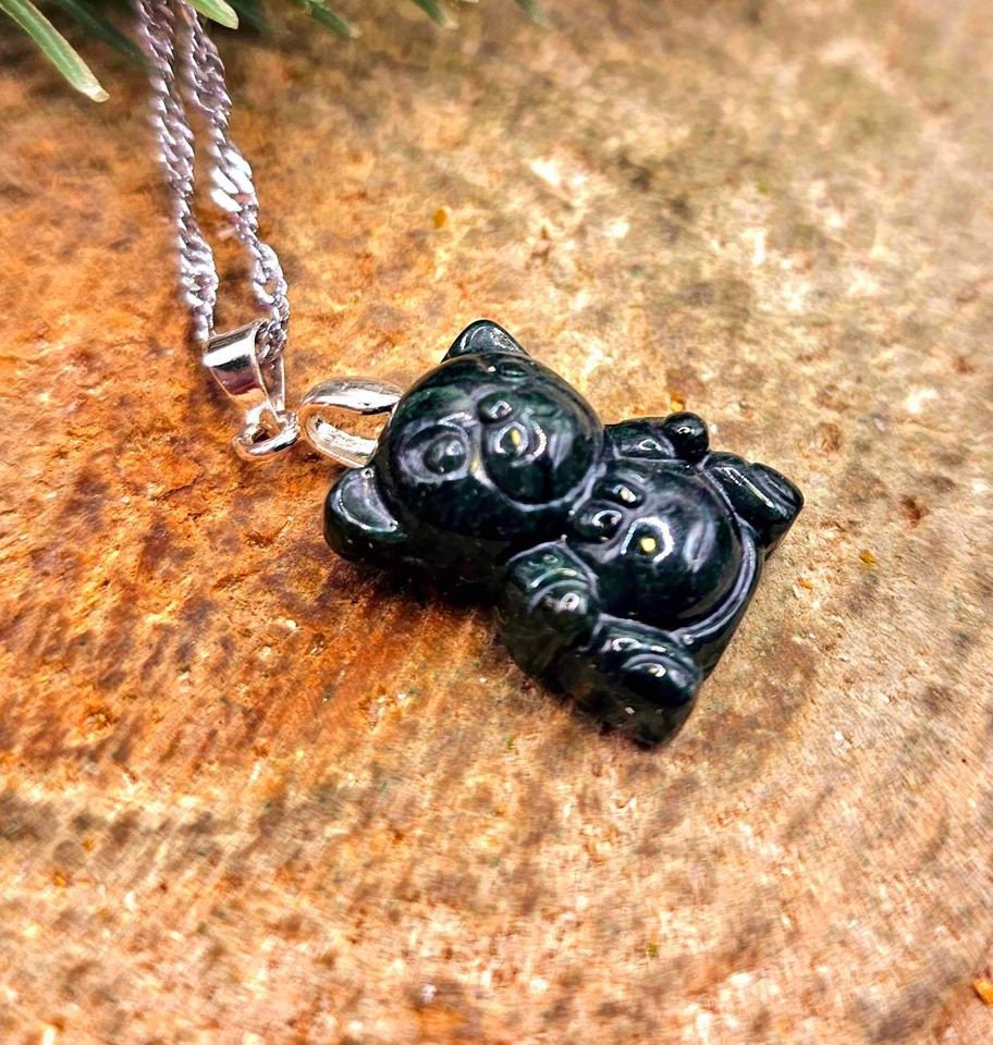 Certified Nature Dark Jade Carved Cute Bear With Bow Pendant Necklace