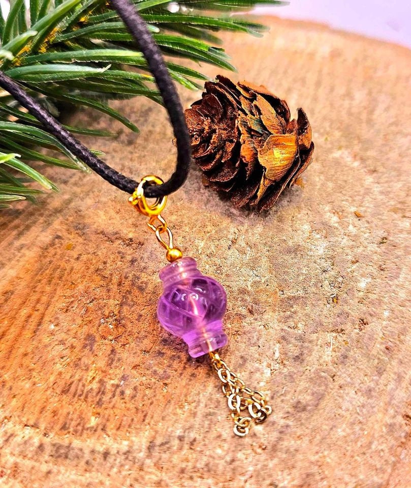 Unique Nature Amethyst Hand Carved Oriental Lantern Pendant Necklace