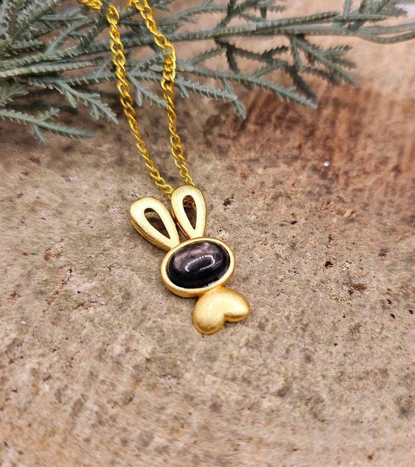 Silver Obsidian Flashy Stone Gold Matte Cute Bunny Pendant Necklace