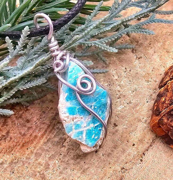 Nature Amazonite Raw Stone Wire Wrapped Pendant Necklace