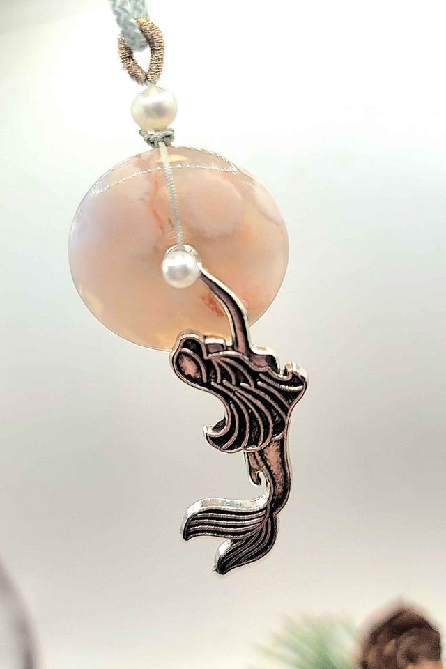 Beautiful Nature Cherry Blossom Agate Donut Swimming Mermaid Pearl Accent Necklace
