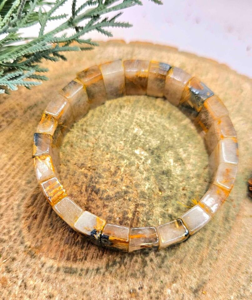 Premium Gold Rutilated Titanium Flower Rectangular Beads Feng Shui Bracelet