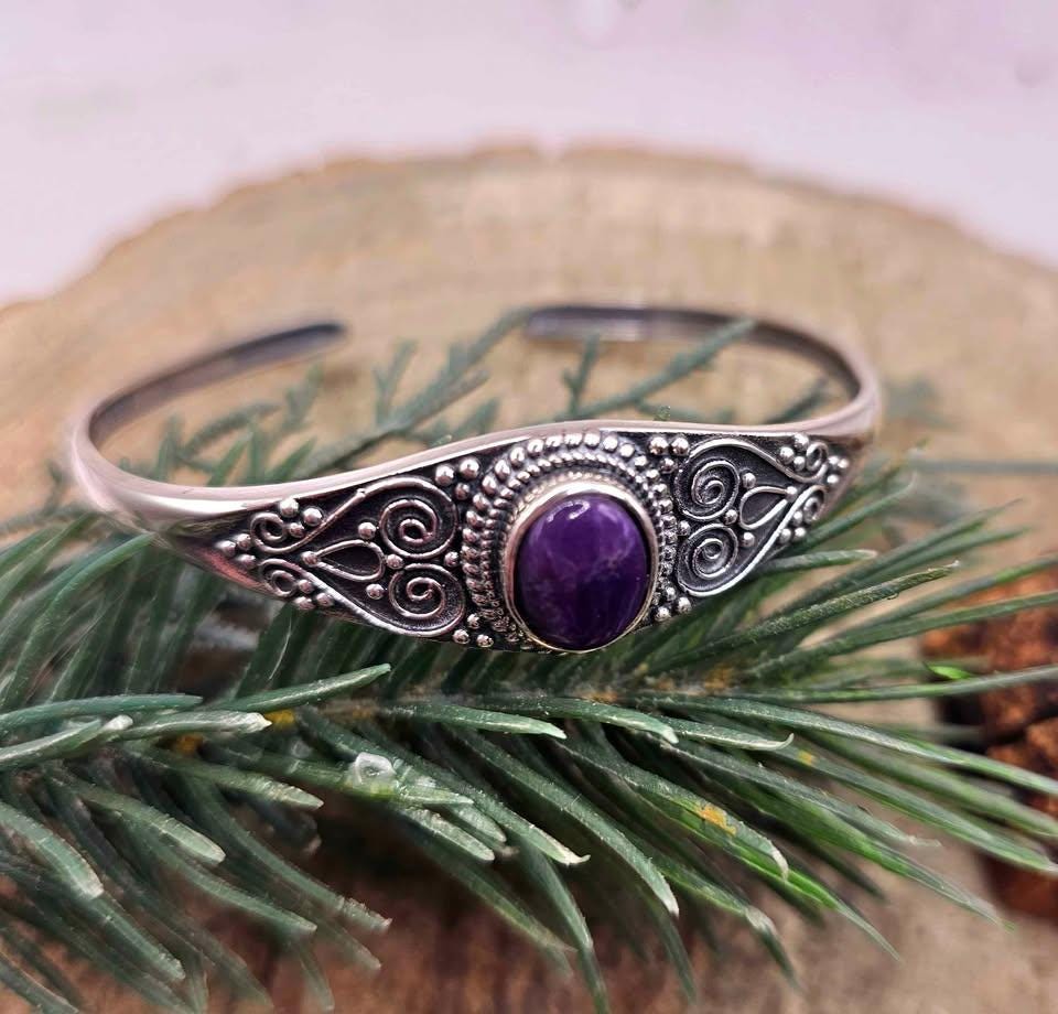 Nature Sugilite Sterling Silver S925 Stamped Cuff Bangle
