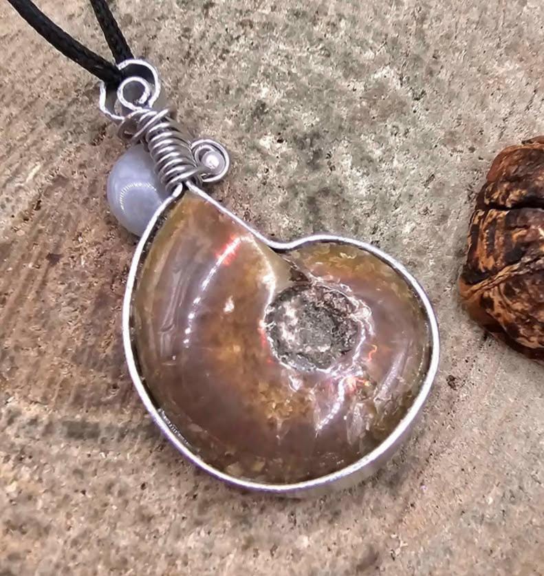 Nature Flashy Ammonite Moonstone Moon Wire Wrapped Pendant Necklace