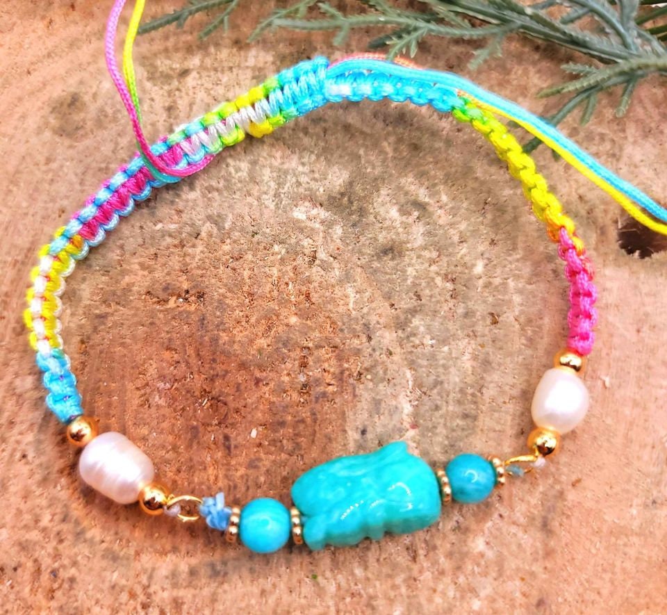 Nature Amazonite Hand Carved Rabbit Pearl Accent Hand Knitted Adjustable Bracelet