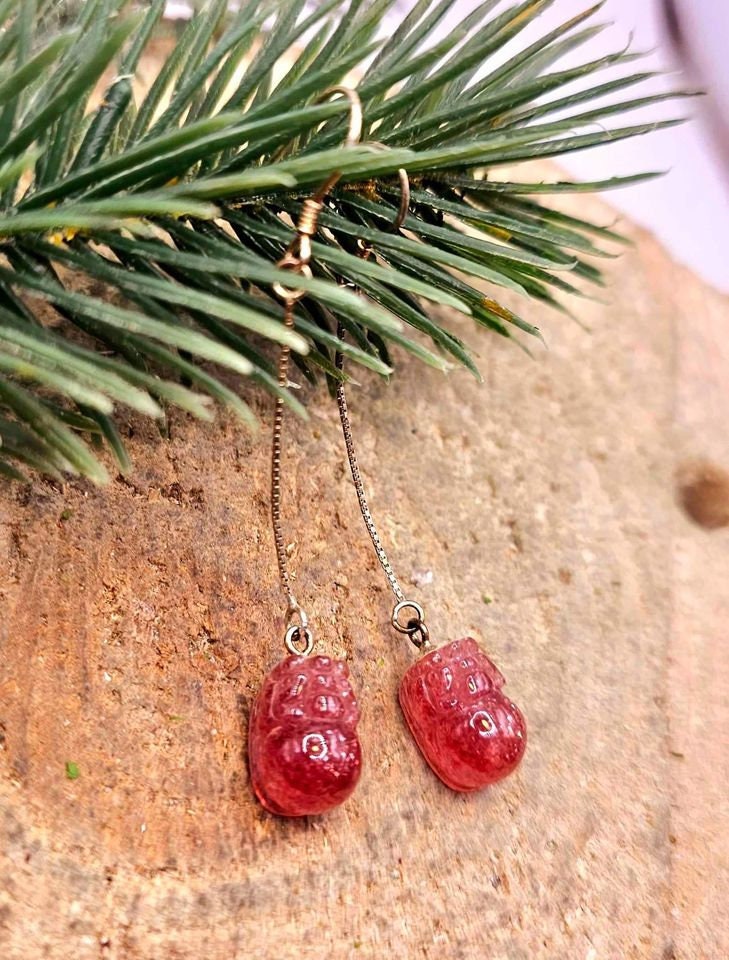 Nature Strawberry Quartz Hand Carved Pi Xiu Blessing Coin S925 Dangle Earring