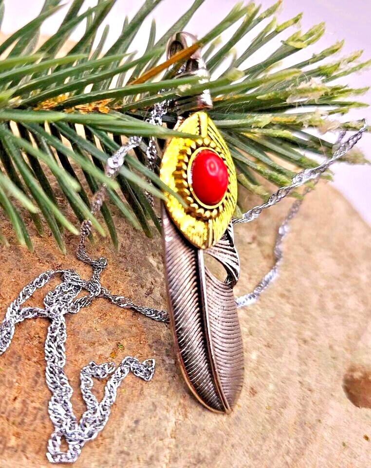 Beautiful Red Agate Two Tone Artistic Double Leaf Pendant Necklace