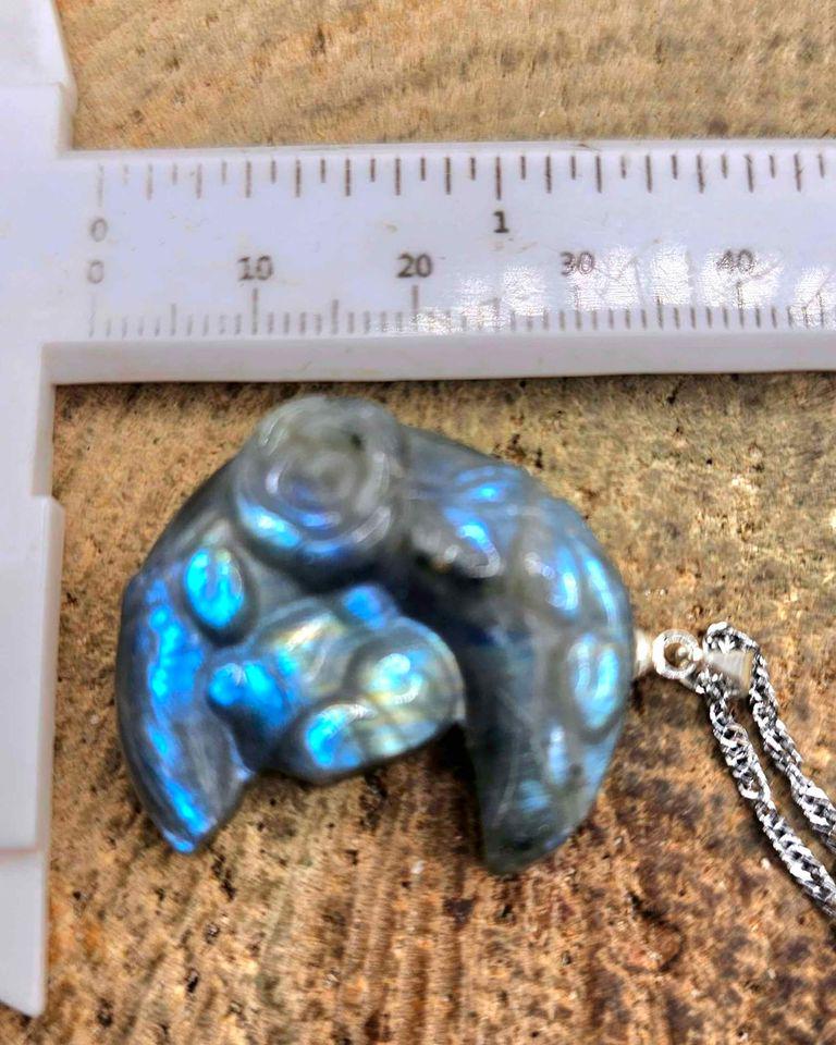 Nature Labradorite Flashy Sleeping Rabbit On Blossom Moon Pendant Necklace