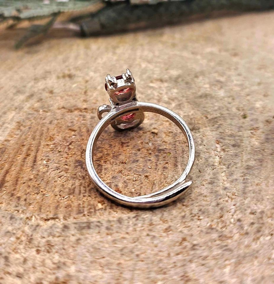 Adorable Nature Red Garnet Gemstone Elegant Cat With Bow S925 Adjustable Ring