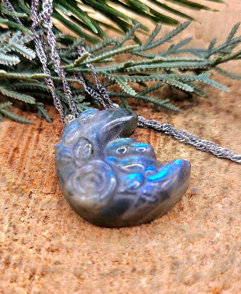 Nature Labradorite Flashy Sleeping Rabbit On Blossom Moon Pendant Necklace