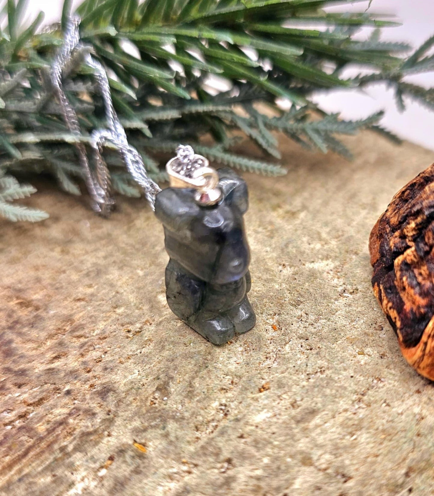 Nature Labradorite Carved Flashy Standing Bear Pendant Necklace