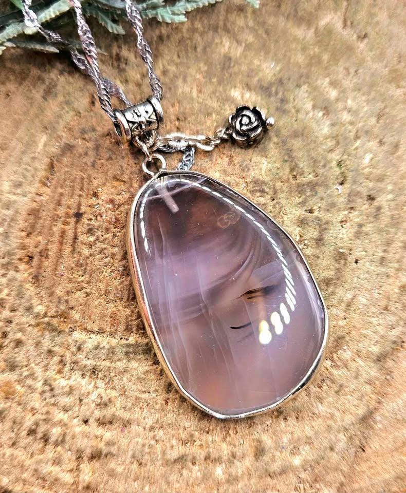 Nature Gray Agate Slice Rose Charm Big Pendant Necklace
