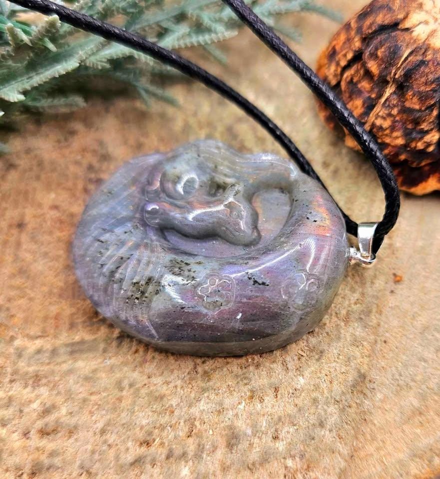Nature Labradorite Carved Flashy Nine Tails fox On Moon Pendant Necklace