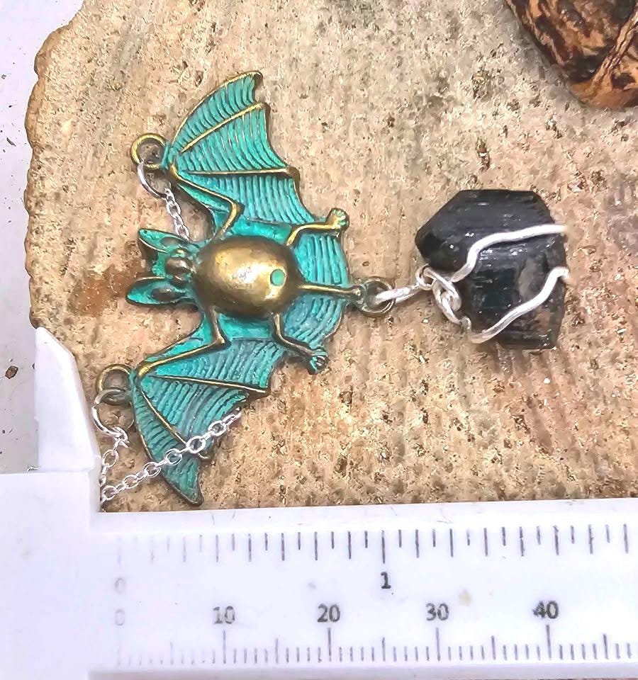 Flying Bat Nature Black Tourmaline Raw Stone Pendant Necklace