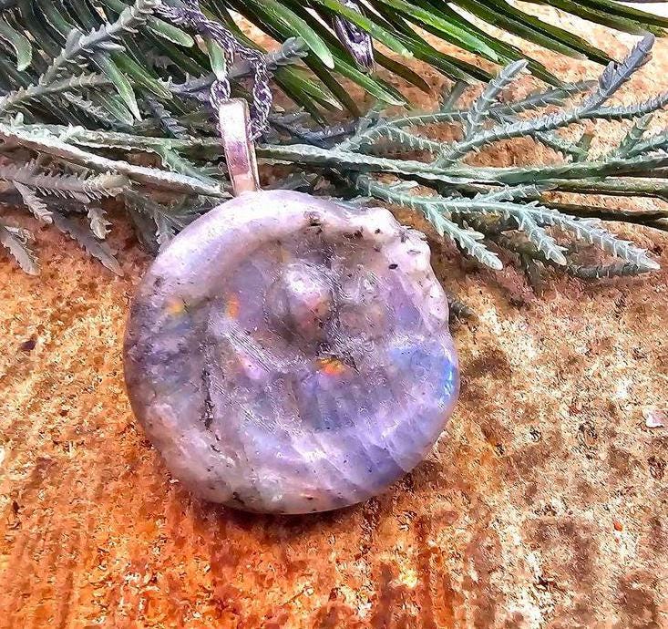 Nature Labradorite Rainbow Flash Hand Carved Castle On Moon Pendant Necklace