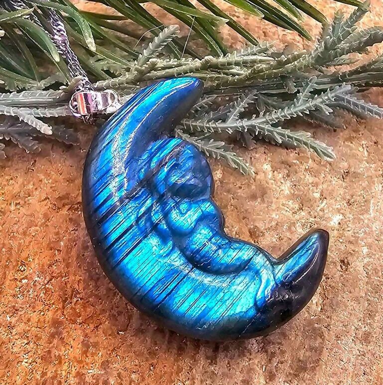 Nature Labradorite Carved Mermaid Sleeping On Moon Pendant Necklace