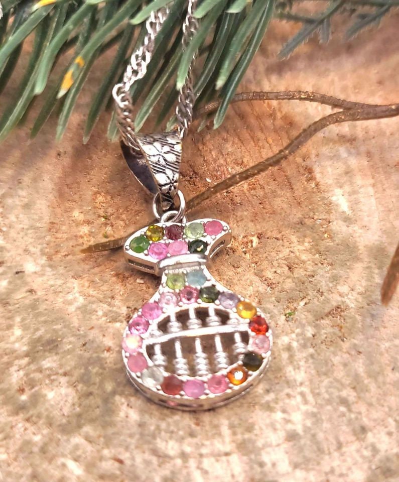 Unique Nature Mixed Color Tourmalines Coin Bag Shape Abacus Pendant Necklace