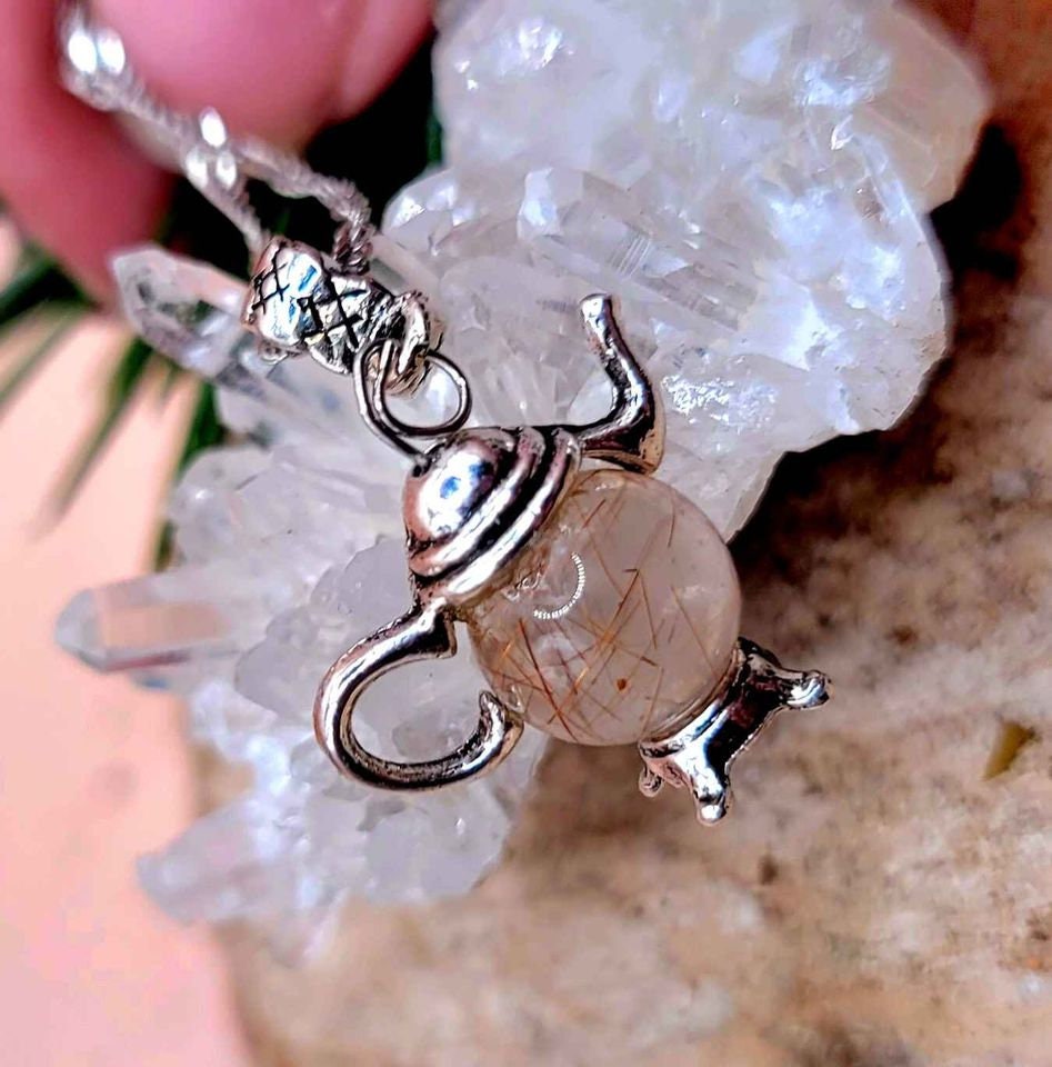 Unique Nature Gold Rutilated Sphere Magic Genie Lamps Pendant Necklace