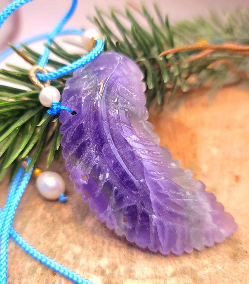 Beautiful Nature Fluorite Carved Purple leaf 2.2" Pendant Necklace
