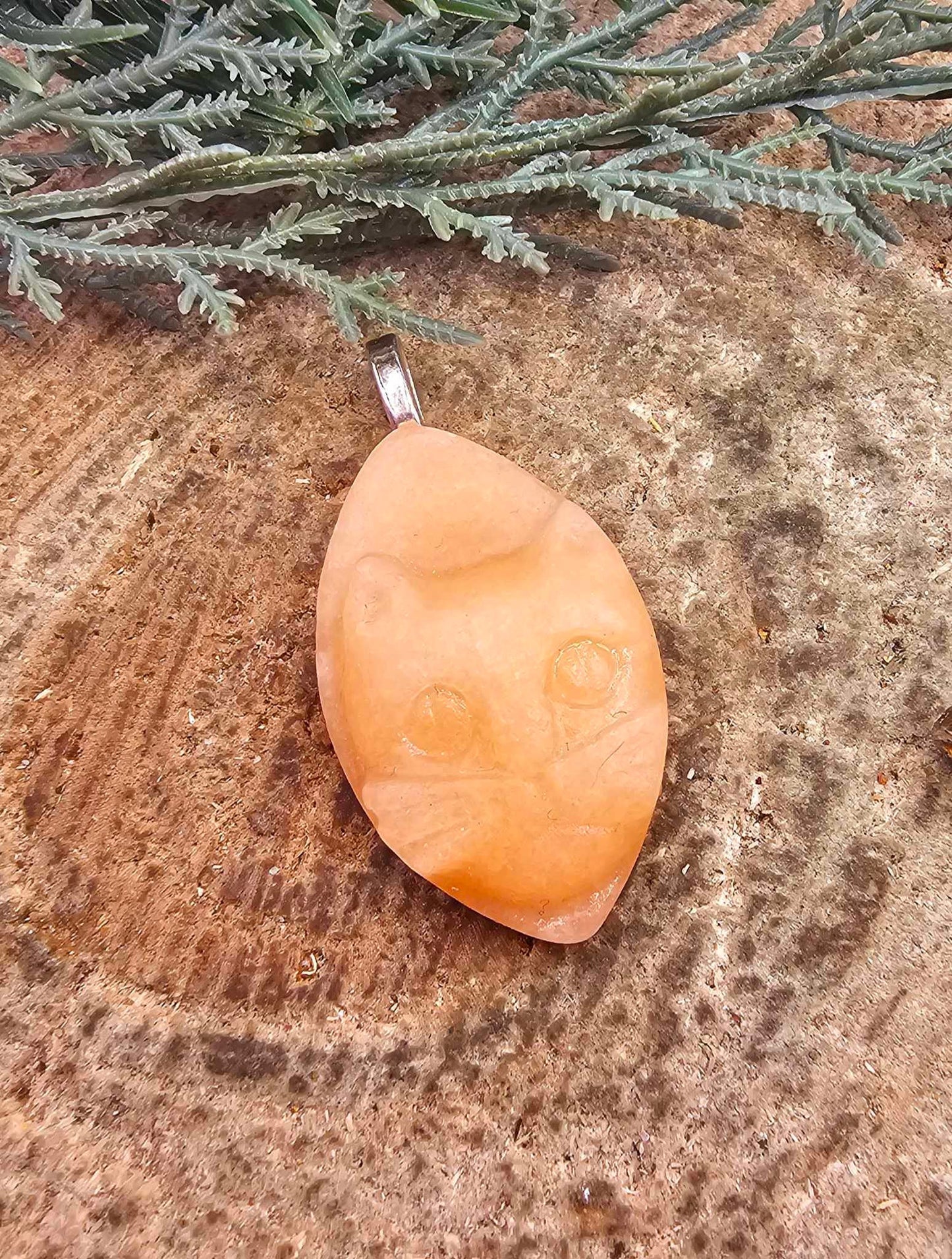Nature Orange Calcite Cat's Face Pendant Necklace