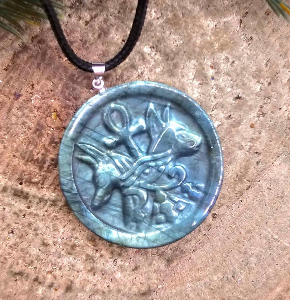 Nature Labradorite Carved Flashy Egyptian Symbols Pendant Necklace