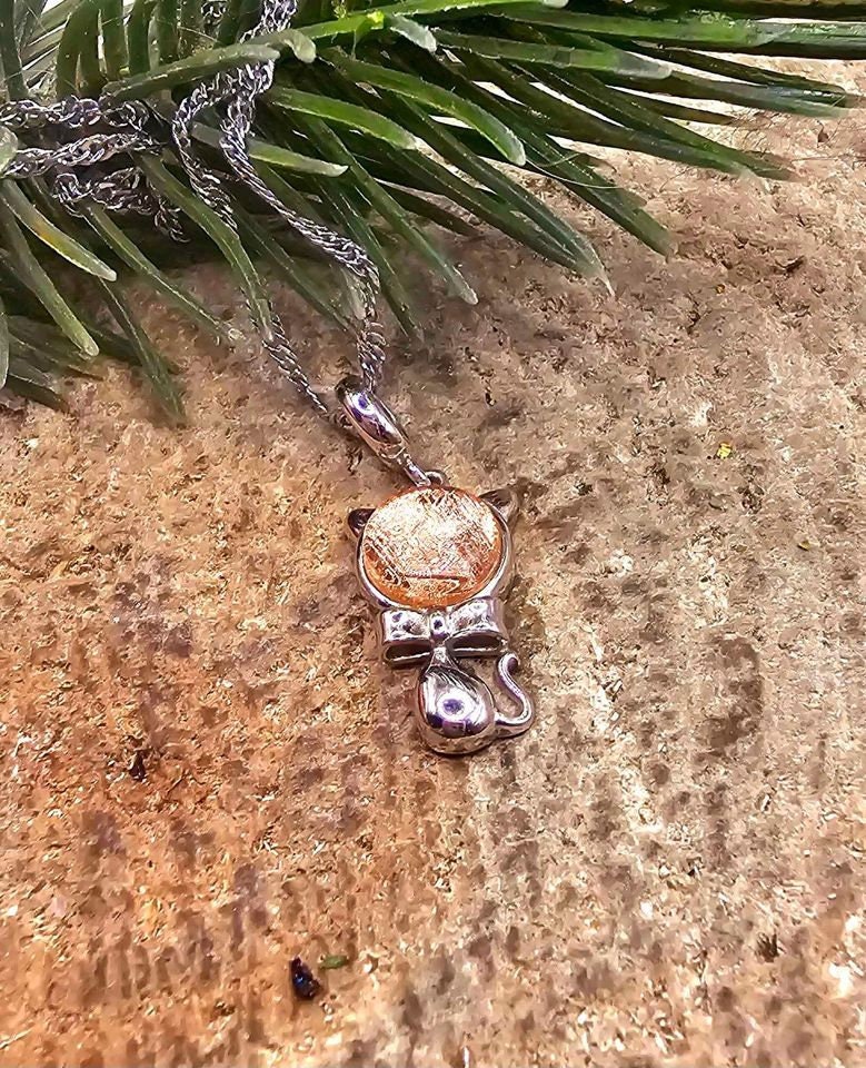 Genuine Nature Rose Gold Gibeon Meteorite Cute Cat S925 Silver Pendant Necklace