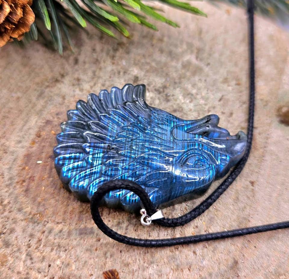 Nature Labradorite Flashy Strong Eagle Head Pendant Necklace