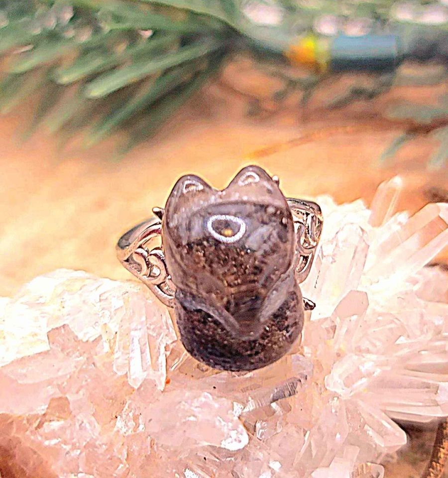 Beautiful Nature Phantom Quartz Hand Carved Fox Adjustable Ring