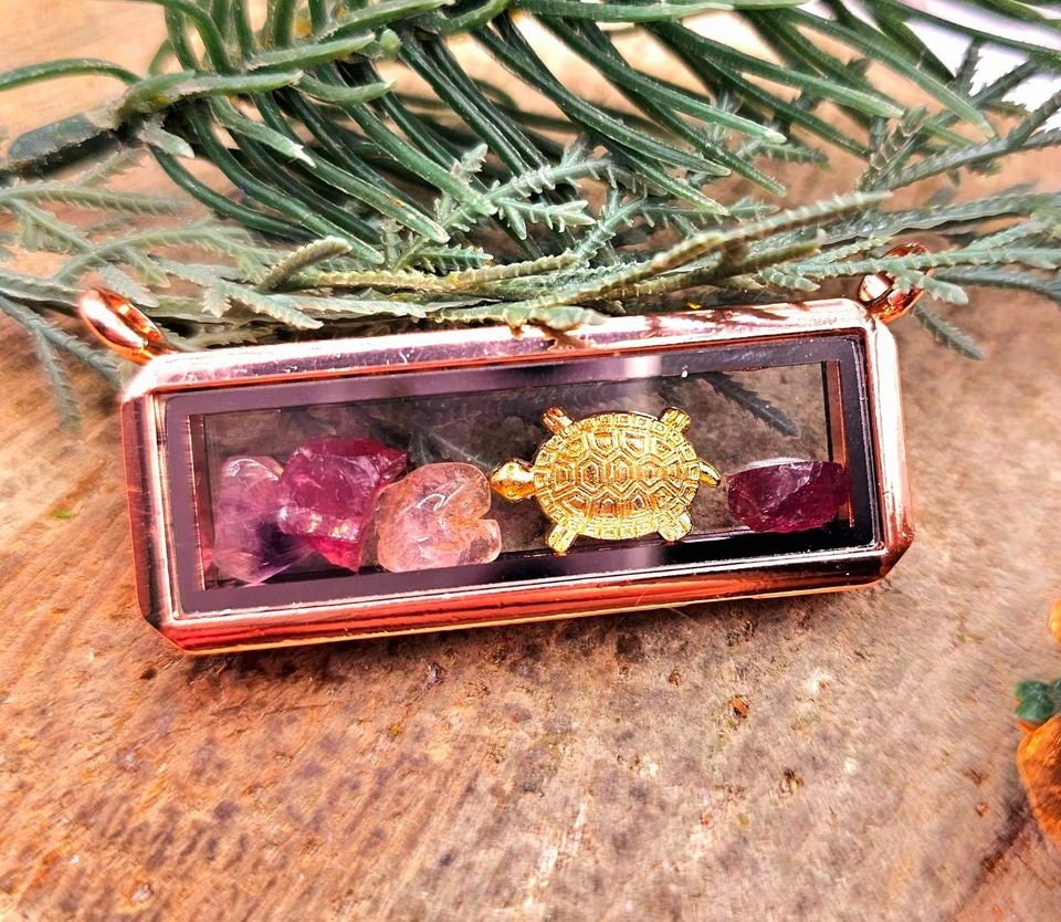 Nature Ruby Super Seven Stone & Blessing Turtle Floating Locket Pendant