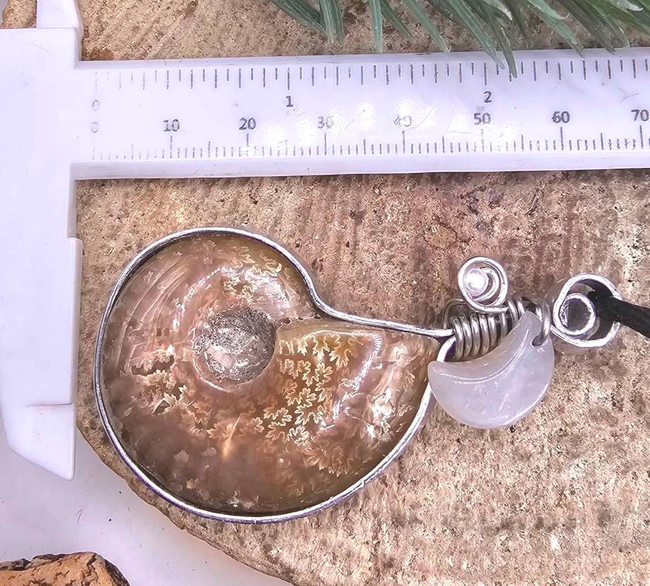 Nature Flashy Ammonite Moonstone Moon Wire Wrapped Pendant Necklace