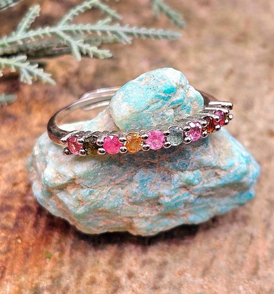 Beautiful Nature Tourmaline Gemstones Mixed Colors Adjustable Ring