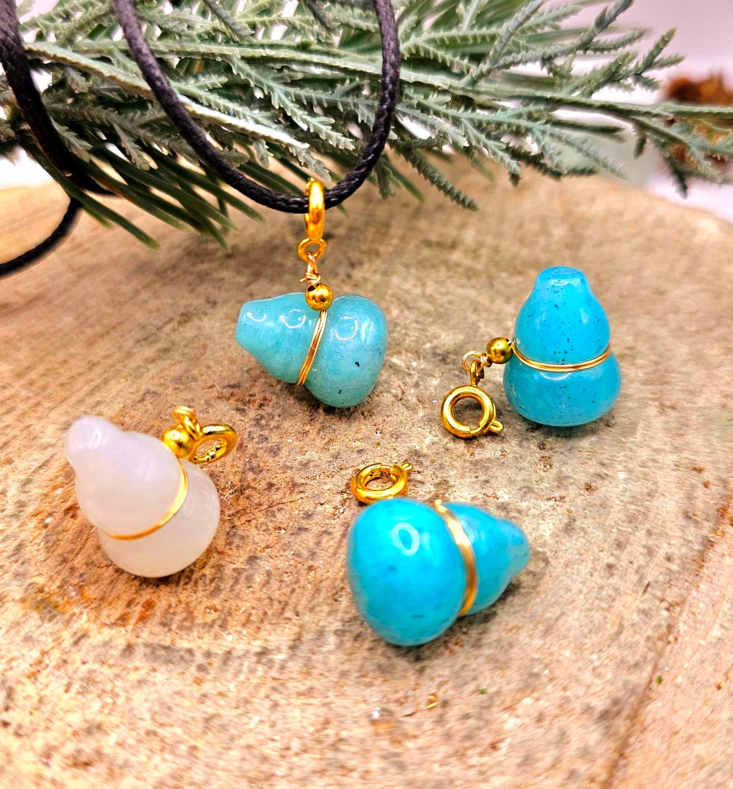 Nature Stone Carved Blessing Gourd Gold Accent Pendant Necklace