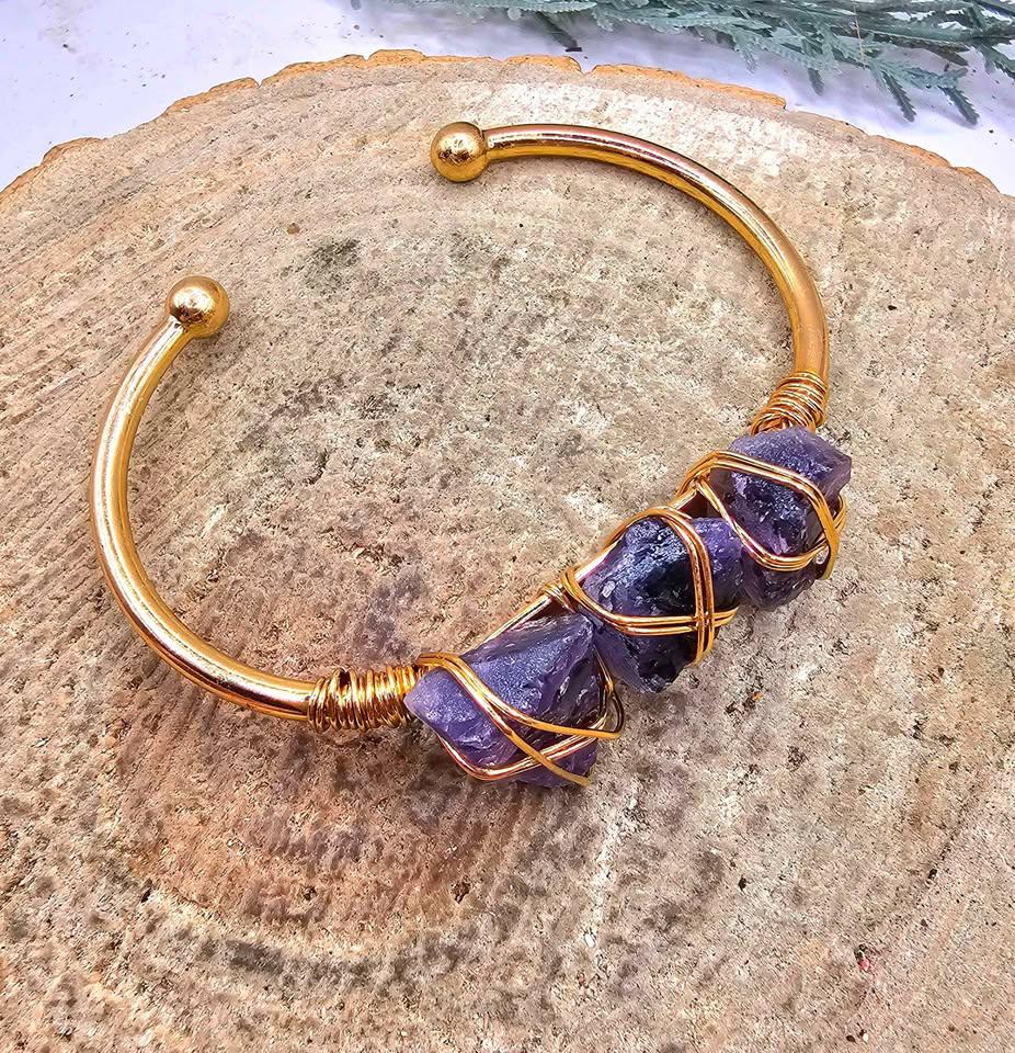Nature Amethyst Polished Stone Wire Wrapped Open Bangle