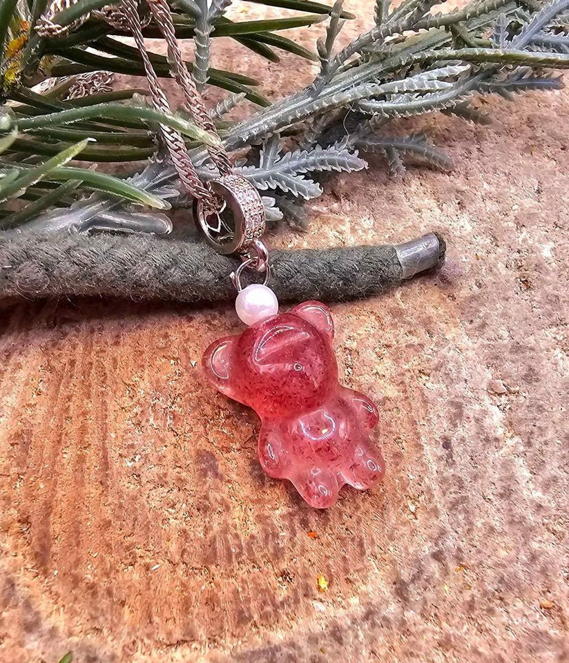 Adorable Nature Strawberry Quartz Hand Caved Bear Pendant Necklace