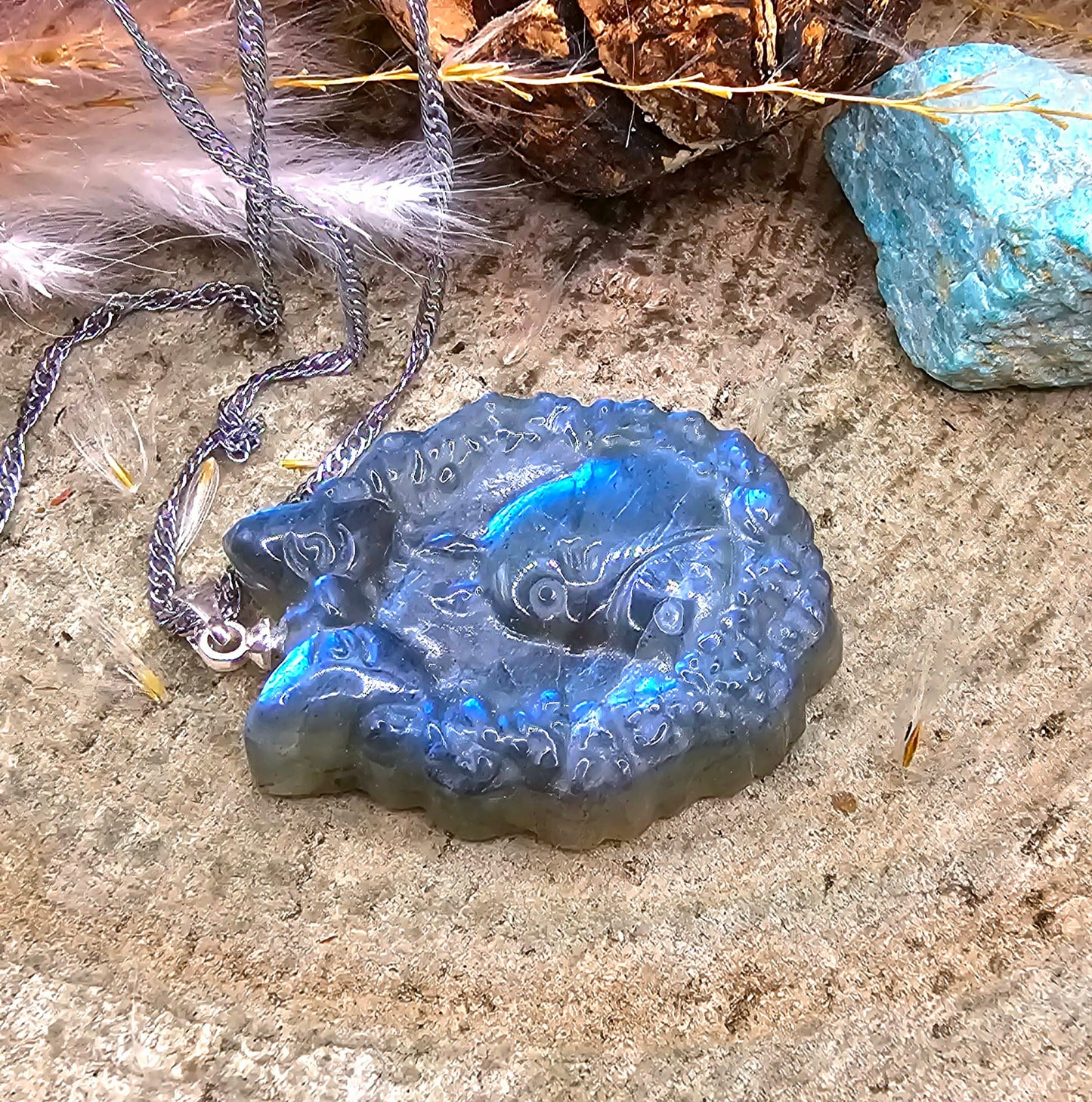 Nature Labradorite Flashy Totoro Portrait Pendant Necklace