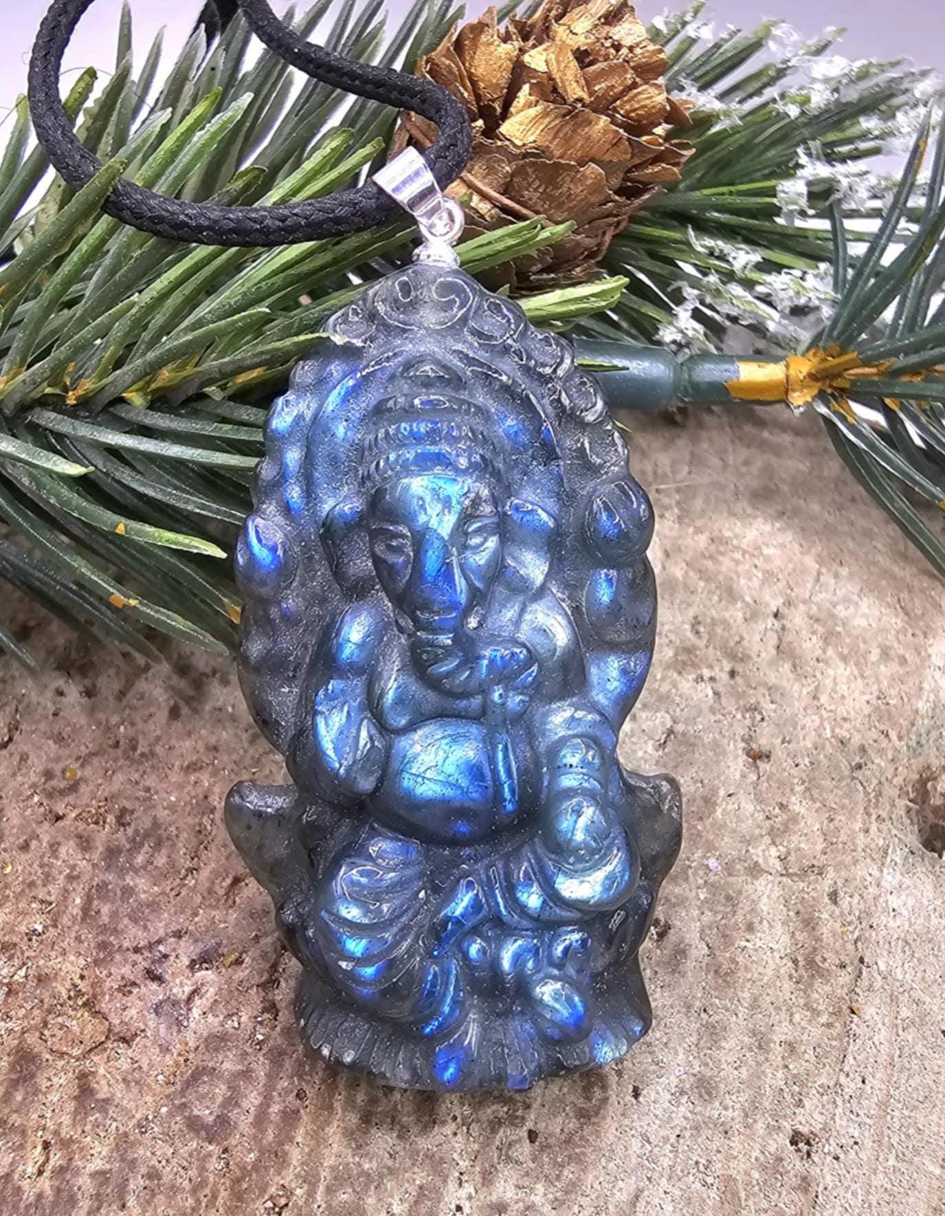 Nature Labradorite Flashy Carved Elephant God Ganesha Pendant Necklace