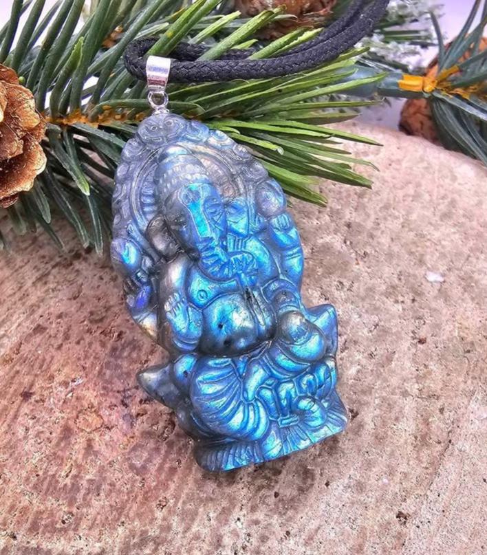 Nature Labradorite Flashy Carved Elephant God Ganesha Pendant Necklace