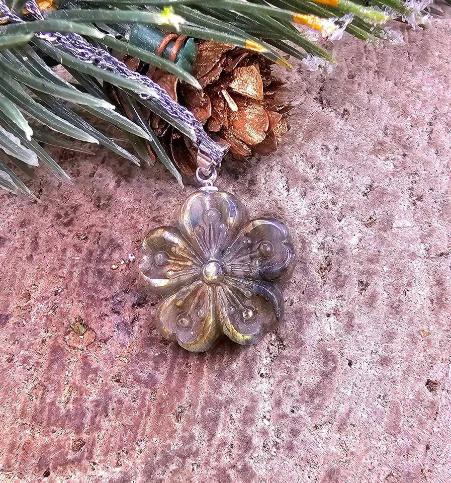 Nature Labradorite Carved Flashy Cherry Blossom Pendant Necklace