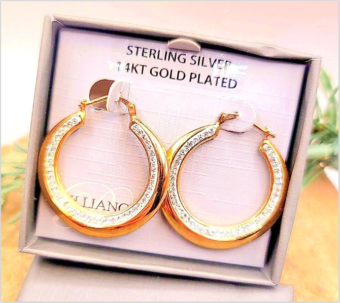 New In Box 14k Gold Plated Sterling Silver White Enamel Hoop Earrings