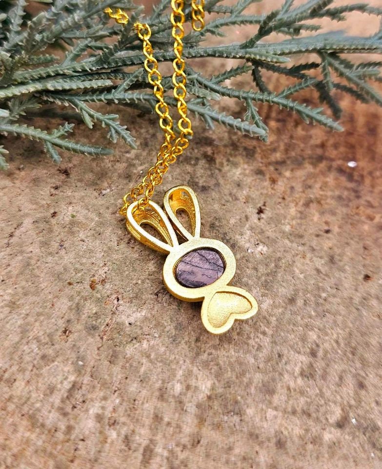 Silver Obsidian Flashy Stone Gold Matte Cute Bunny Pendant Necklace