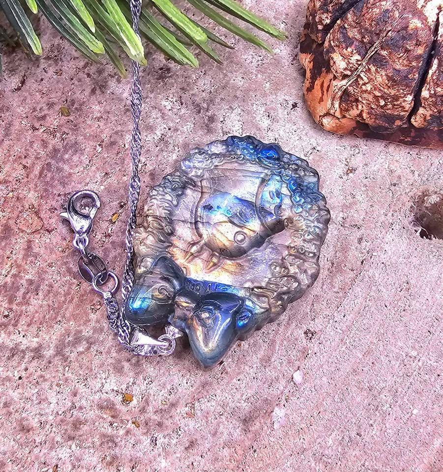 Nature Labradorite Flashy Forest God Portrait Pendant Necklace