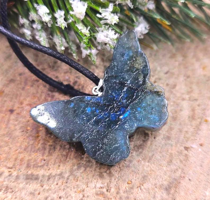 Nature Labradorite Carved Hidden Skull Butterfly Pendant Necklace