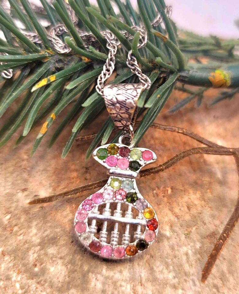 Unique Nature Mixed Color Tourmalines Coin Bag Shape Abacus Pendant Necklace