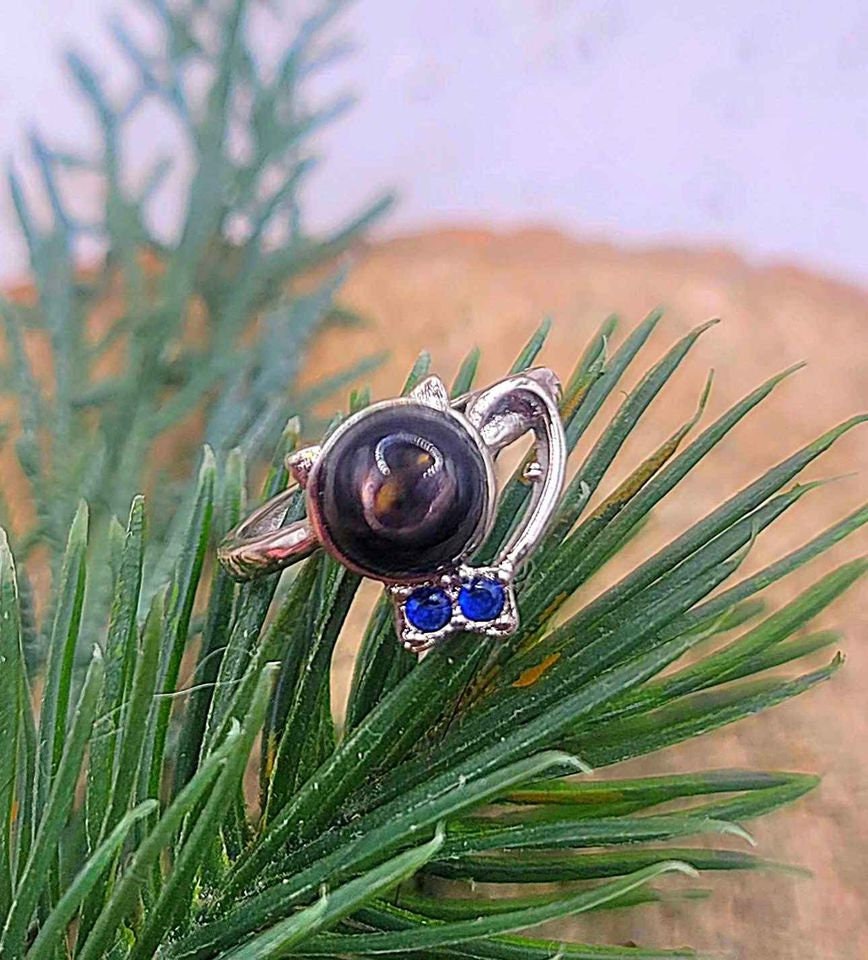 Nature Silver Hypersthene Cute Walking Cat Design Adjustable Ring