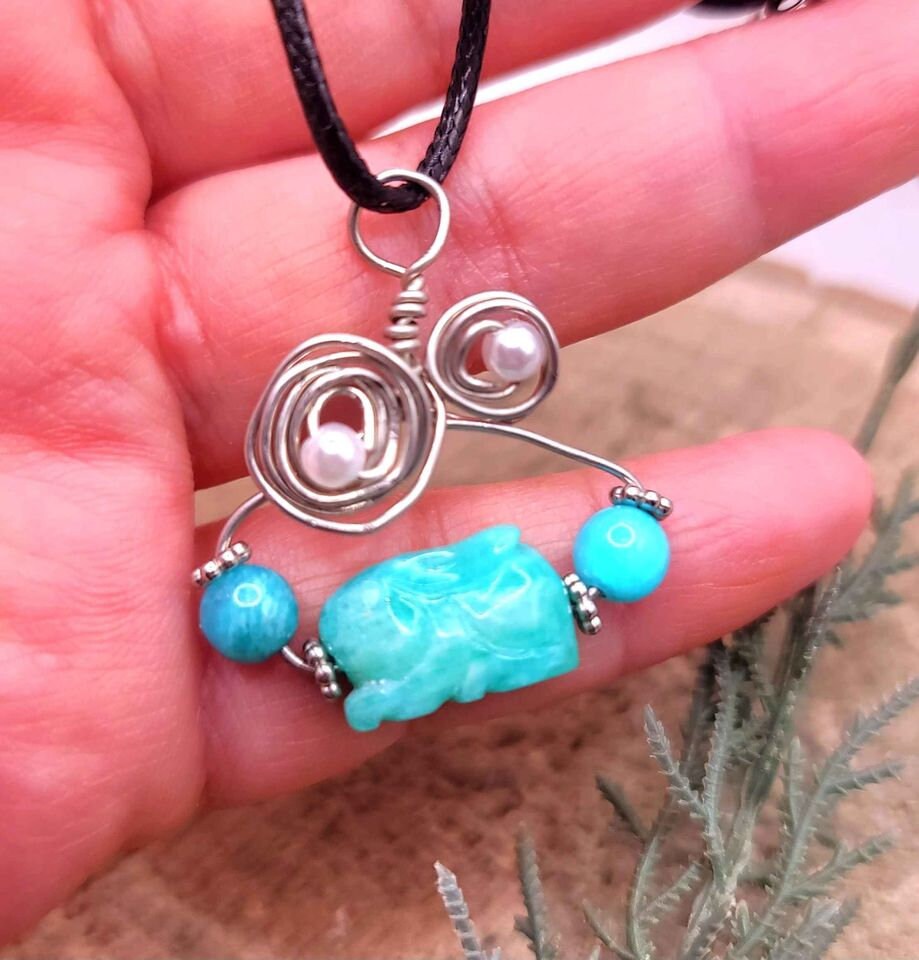 Beautiful Nature Amazonite Hand Carved Rabbit Wire Wrapped Pendant Necklace