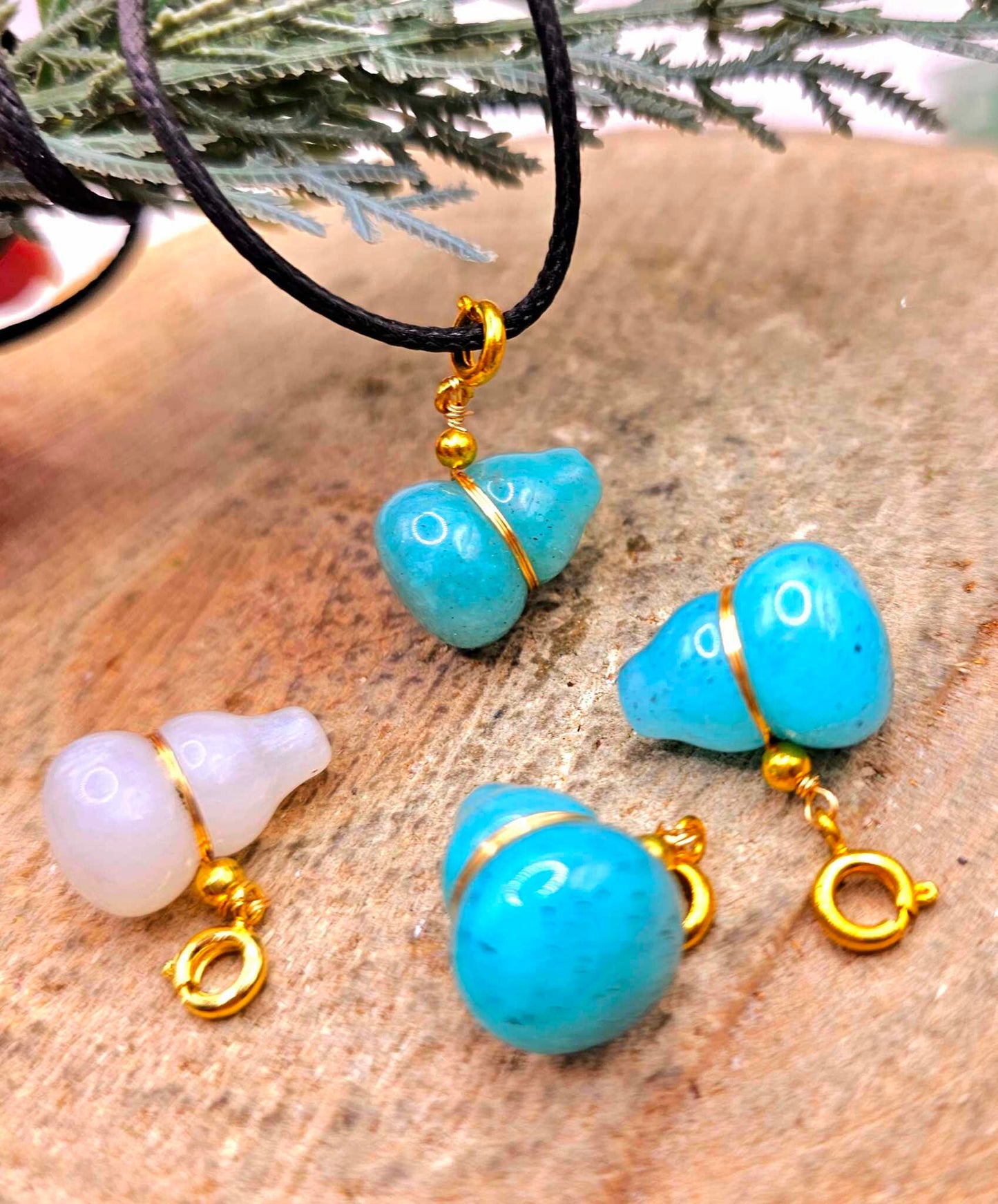 Nature Stone Carved Blessing Gourd Gold Accent Pendant Necklace